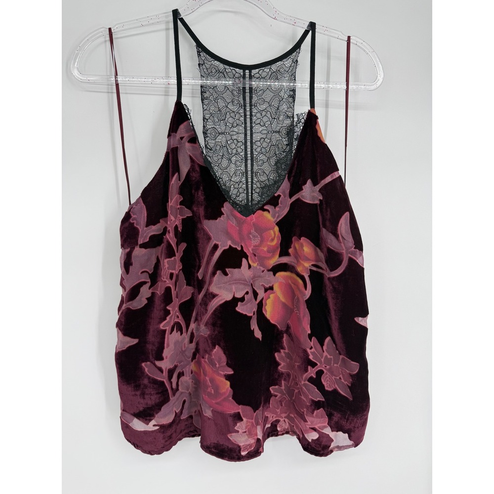 Lucy Paris Burgundy Floral Velvet Burnout Lace Racerback Cami Top Womens Sz M
